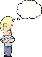 cartoon man with folded arms grinning with thought bubble