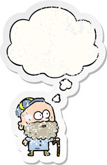 cartoon old man with walking stick and thought bubble as a distressed worn sticker