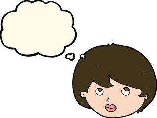 cartoon female face looking upwards with thought bubble