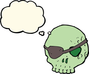 cartoon skull with eye patch with thought bubble