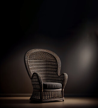 Wicker Chair On Black Background, Vertical Poster Illustration With Copy Space, Vintage Elegant And Comfortable Furniture, No People. Generative AI