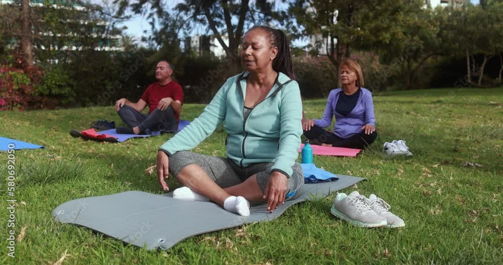 Wall mural multiracial senior people doing yoga meditation outdoor with city park in background - healthy lifes - Wall murals