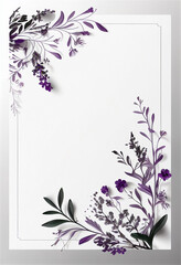 Violet flowers drawing, decorated paper background, for invitation, spring and wedding card, copy space at center. Generative AI