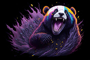 Creative panda portrait with neon colors on dark background. Generative AI