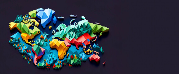 Earth day world map isometric graphic horizontal banner with copy space on blue background. Generative AI illustration