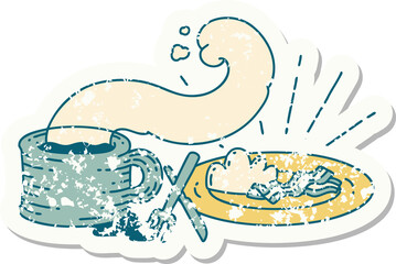 grunge sticker of tattoo style breakfast and coffee