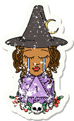 crying human witch with natural one D20 dice roll illustration