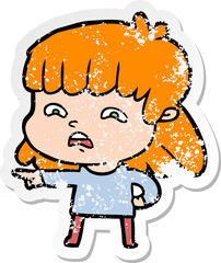 distressed sticker of a cartoon worried woman