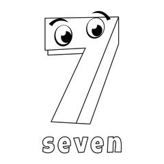 Number seven coloring page with a smiling face and two eyes