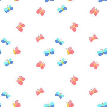 Butterflies blue and red seamless pattern.
