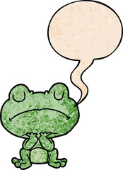 cartoon frog waiting patiently and speech bubble in retro texture style