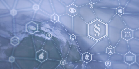 Environmental law symbol image. Paragraph icon and different icons in front of photo of earth symbolizing global impact of environmental degradation.