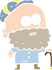 old flat color style cartoon man with walking stick and flat cap