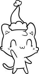 line drawing of a happy cat wearing santa hat