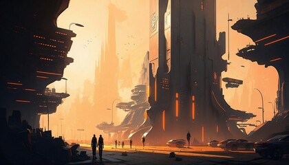 Illustration of a city center place of a futuristic city during the day, full of life, by a generative ai