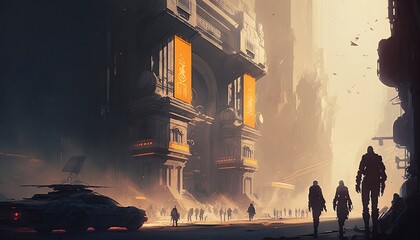 Illustration of a city center place of a futuristic city during the day, full of life, by a generative ai