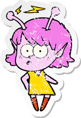 distressed sticker of a cartoon alien girl