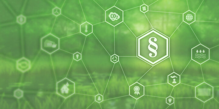 Regional environmental law icon image. Paragraph symbol and different icons in front of photo of forest.
