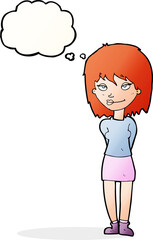 cartoon happy woman with thought bubble
