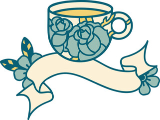 tattoo with banner of a cup and flowers