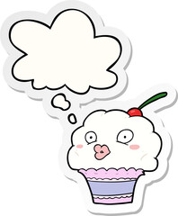 cartoon cupcake and thought bubble as a printed sticker