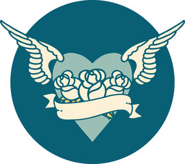 tattoo style icon of a heart with wings flowers and banner