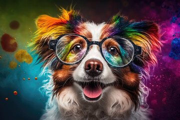 cheerful dog wearing clear glasses with colorful background, generative AI
