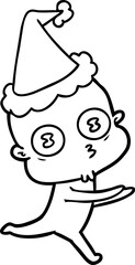 line drawing of a weird bald spaceman running wearing santa hat