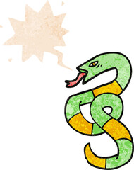 cartoon snake and speech bubble in retro textured style