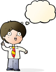 cartoon schoolboy answering question with thought bubble