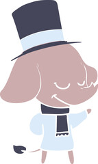 flat color style cartoon smiling elephant wearing top hat