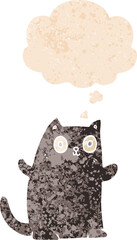 cartoon cat and thought bubble in retro textured style