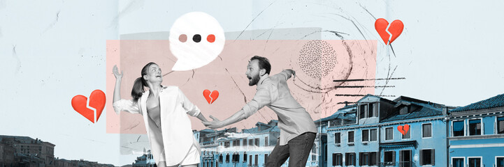 Contemporary art collage. Creative design. Breakup. Man holding female hand, returning back his girlfriend over city background. Concept of family, love, relationship, emotions and feelings
