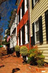Historic row houses line a quaint and charming street in Alexandria, Virginia, near Washington DC