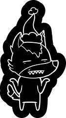 cartoon icon of a wolf showing teeth wearing santa hat
