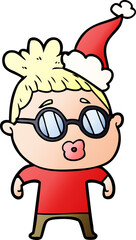 gradient cartoon of a woman wearing spectacles wearing santa hat