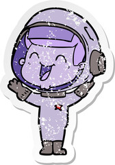 distressed sticker of a happy cartoon astronaut