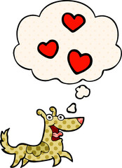 cartoon dog with love hearts and thought bubble in comic book style