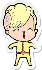 distressed sticker of a cartoon happy hipster girl