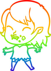 rainbow gradient line drawing cartoon vampire girl with blood on cheek