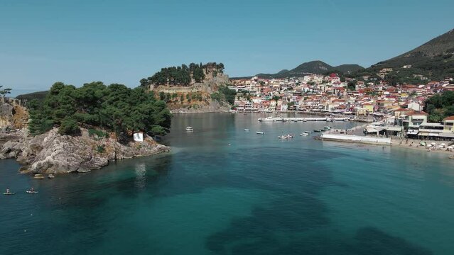 Parga, Greece. Aerial view of Parga town. Typical traditional Greek town village homes by the sea from drone.