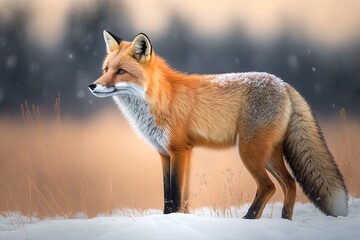 Obraz premium Fox on a snowy forest meadow in the winter. Vulpes vulpes, a red fox, is on the hunt. This is a scene of European wildlife. Animal in the wild with an orange fur coat. Generative AI