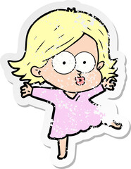 distressed sticker of a cartoon girl pouting