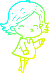 cold gradient line drawing cartoon woman pointing