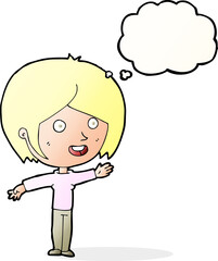 cartoon happy girl waving with thought bubble