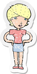 retro distressed sticker of a cartoon woman with hands on hips
