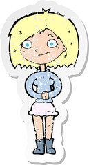 retro distressed sticker of a cartoon happy woman