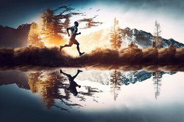Running outdoors, in nature in the fresh air. Nature gives you extra strength. AI generated illustration.