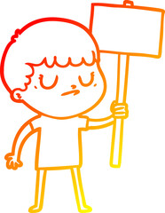 warm gradient line drawing cartoon grumpy boy with placard