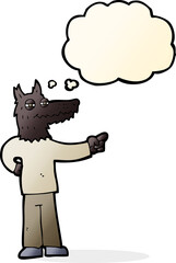 cartoon pointing wolf man with thought bubble